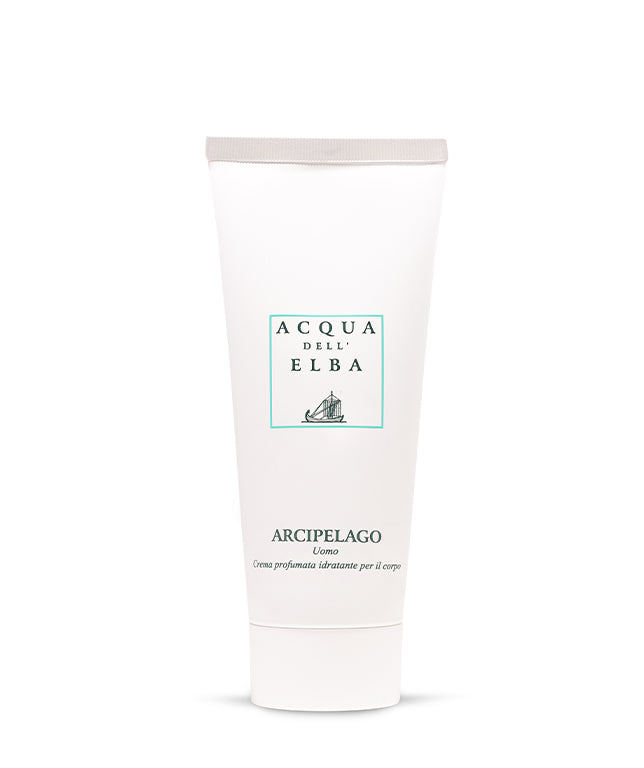 A white tube of Acqua dell'Elba Arcipelago Uomo Moisturizing Body Lotion with a light gray cap, teal and black minimalist text, and a sailboat illustration—a daily essential from Acqua dell'Elba.