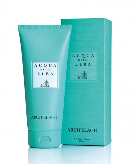 A turquoise tube and matching box of Acqua dell'Elba Arcipelago Donna Shower Gel by Acqua dell'Elba, both adorned with a minimalist sailboat logo and a white label with black text.