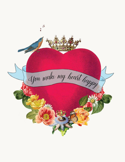 The “You make my heart happy” greeting card by P. Flynn Design / Phun House features a crowned red heart, blue bird, and flowers, with a matching envelope—perfect for expressing your feelings in vibrant style.