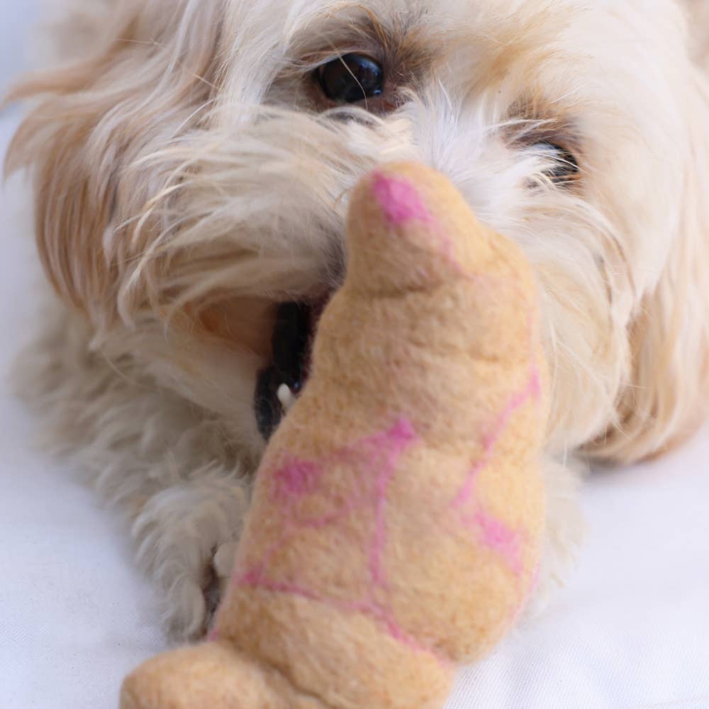 A fluffy, light-colored dog chews on the MODERNBEAST - WOOL CROISSANT Wool Dog Toy by MODERNBEAST, featuring pink markings, while lying on a white surface.