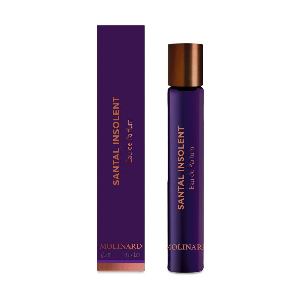 A purple rectangular box and a matching cylindrical roll-on bottle with bronze cap, both labeled "Molinard Santal Insolent Eau de Parfum," highlight the oriental woody sandalwood scent of this Molinard fragrance.