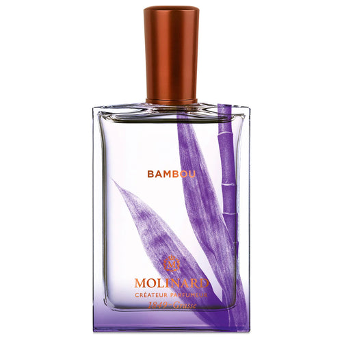 The Molinard Bambou Eau de Parfum comes in a clear rectangular bottle with a purple bamboo design, copper cap, and is labeled “Molinard” and “1849 Grasse,” evoking an elegant Asian bamboo-inspired scent.