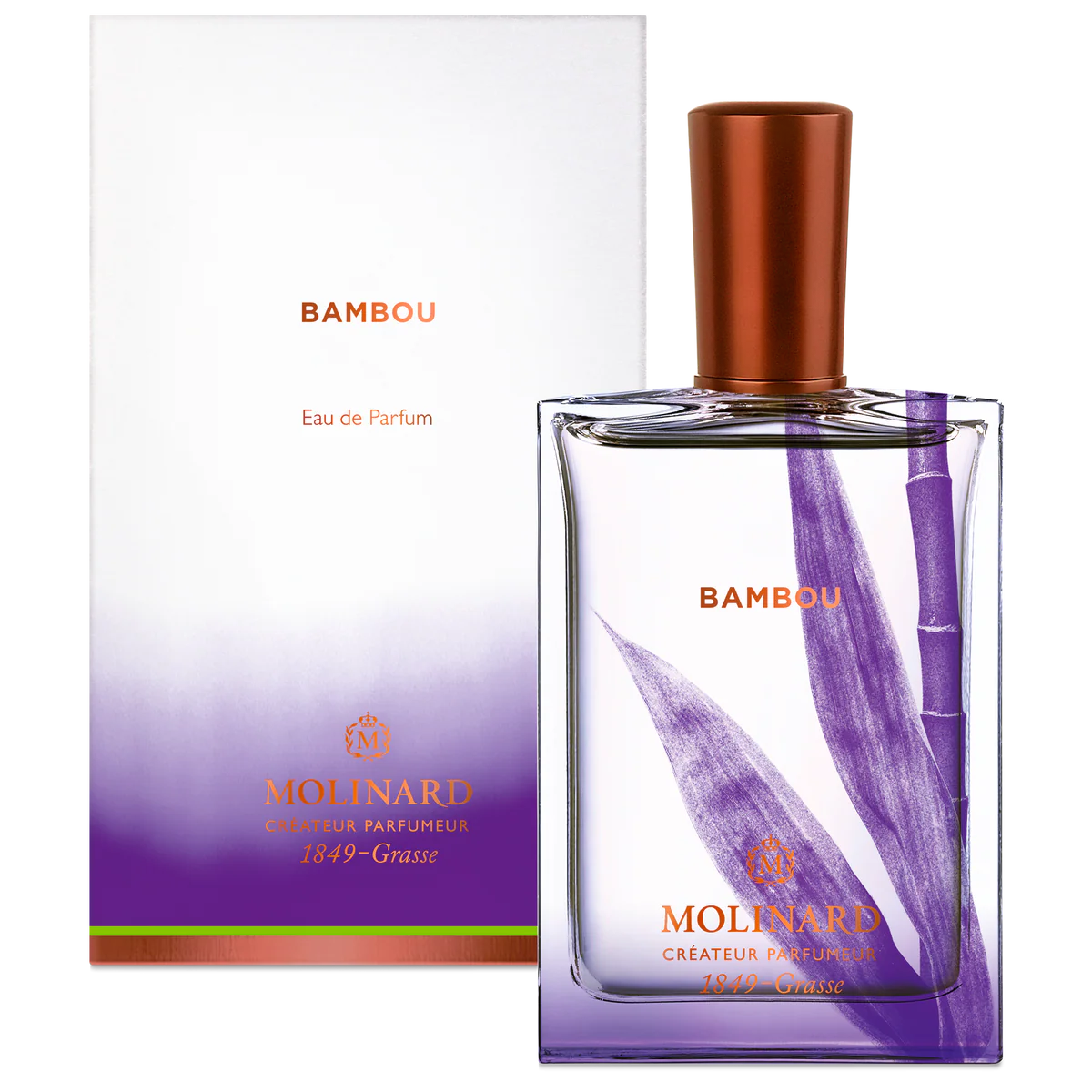 A Molinard Bambou Eau de Parfum bottle featuring a purple bamboo design and copper cap sits before its matching white and purple box, reflecting the Asian bamboo fragrance by Molinard.