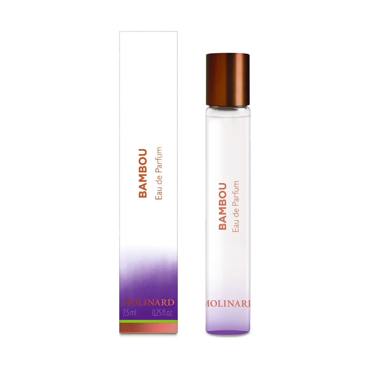 A clear glass Molinard Bamboo Eau de Parfum Roll-On (7.5 ml) with a copper cap is shown beside its white, purple, and copper accented box, both labeled "BAMBOU Eau de Parfum MOLINARD," containing a floral-spicy fragrance.