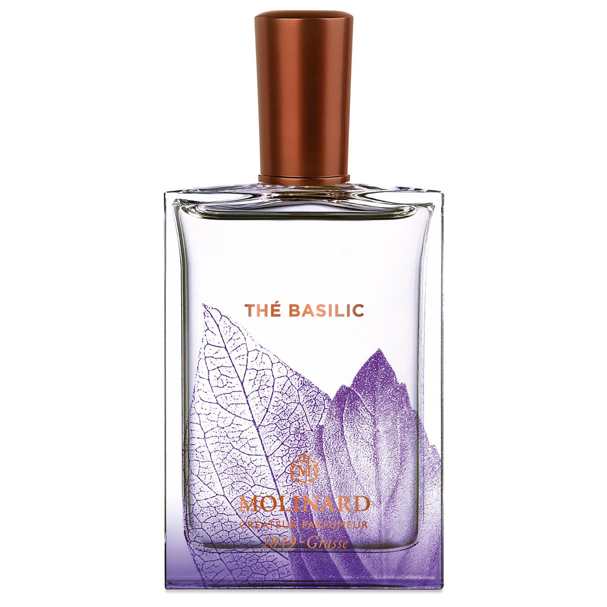 Molinard Thé Basilic Eau de Parfum comes in a clear glass bottle with a copper cap, orange "THÉ BASILIC" label, purple leaf illustrations, and Molinard branding at the bottom.