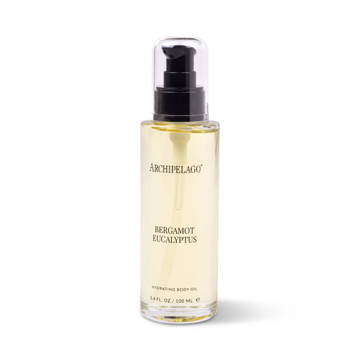 A clear bottle of Archipelago Botanicals Bergamot Eucalyptus Hydrating Body Oil with a black pump and transparent cap, containing 3.4 fl oz (100 ml) of yellow-tinted natural body oil.