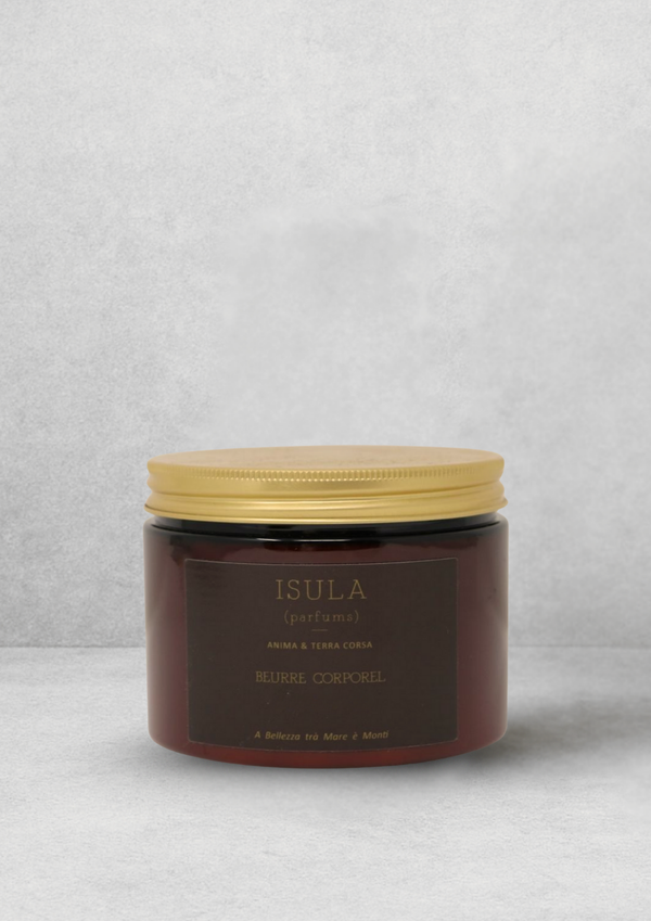 A brown jar labeled "ISULA parfums Body Butter Monoi Fleur de Tiare - 50ml" sits on a gray surface, offering a nourishing body butter from ISULA parfums, infused with the delicate scent of Tiare flower.