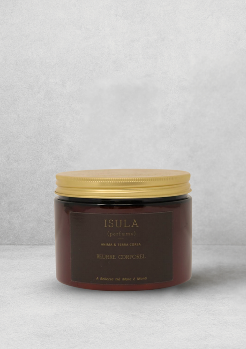 A round brown jar of ISULA parfums Body Butter Storia di Mare (50ml) with a gold lid sits on a light gray surface, offering natural ingredients and a subtle marine scent.