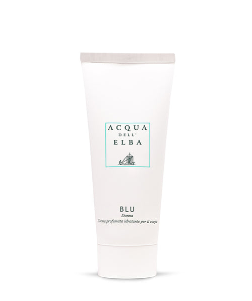 A white tube of Acqua dell'Elba Blu Donna Moisturizing Body Cream by Acqua dell'Elba has a light gray cap, a minimalist label with teal text, and a small boat illustration on the front.