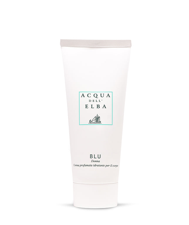 A white tube of Acqua dell'Elba Blu Donna Moisturizing Body Cream by Acqua dell'Elba has a light gray cap, a minimalist label with teal text, and a small boat illustration on the front.