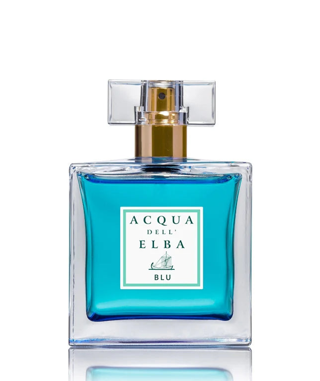 Acqua dell'Elba Blu Donna Eau de Parfum 100ml by Acqua dell'Elba comes in a clear glass bottle with blue liquid, a gold spray nozzle, and a transparent rectangular cap, evoking a Mediterranean scent in this refined fragrance.