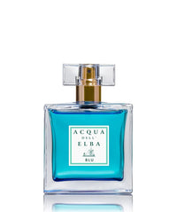 A 50ml bottle of Acqua dell'Elba Blu Donna Eau de Parfum features a clear square cap and a golden spray nozzle. The glass container holds vibrant blue liquid, embodying a floral and woody fragrance, with a white label displaying green text, set against a pristine white background.