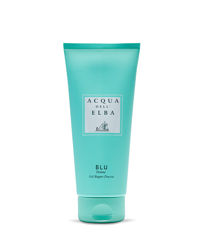 A turquoise tube of Acqua dell’Elba Blu Donna Bath and Shower Gel by Acqua dell’Elba stands upright on a white background. Its pH-balanced formula provides a refreshing and gentle cleanse. Minimalist white label completes the design.