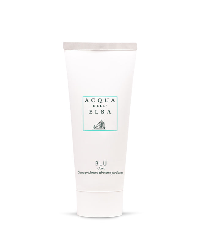 A white tube of Acqua dell'Elba Blu Uomo Moisturizing Body Lotion by Acqua dell'Elba stands upright on a plain white background. The minimalist packaging features simple text and a small sailboat logo.