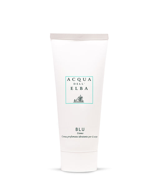 A white tube of Acqua dell'Elba Blu Uomo Moisturizing Body Lotion by Acqua dell'Elba stands upright on a plain white background. The minimalist packaging features simple text and a small sailboat logo.