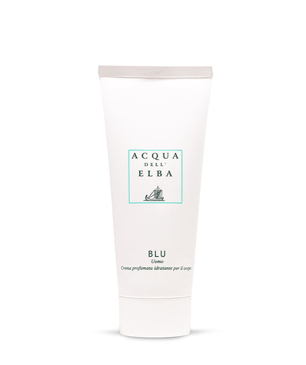 A white tube of Acqua dell'Elba Blu Uomo Moisturizing Body Lotion by Acqua dell'Elba stands upright on a plain white background. The minimalist packaging features simple text and a small sailboat logo.