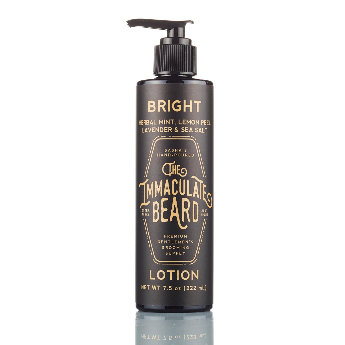 A black pump bottle of The Immaculate Beard BRIGHT Body Lotion features gold text and ingredients like herbal mint, lemon peel, lavender, and sea salt. This men’s moisturizing lotion offers 7.5 oz (222 mL) of nourishing care.