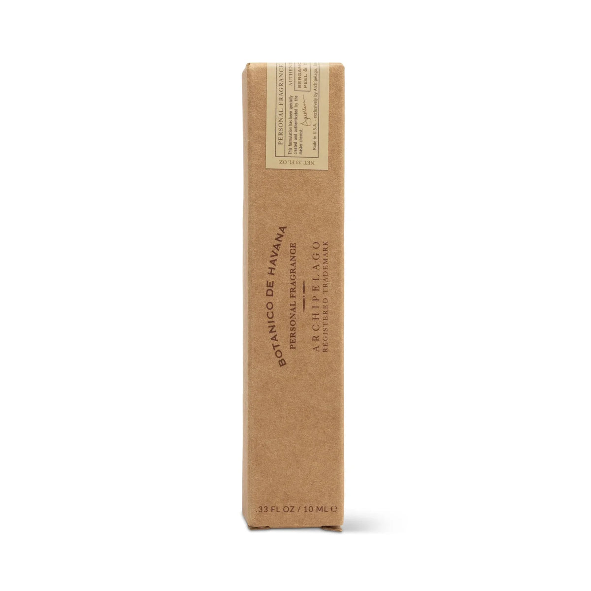 The Archipelago Botanico de Havana Personal Fragrance Rollerball by Archipelago Botanicals is a 10mL (0.33 fl oz) travel-friendly perfume, packaged in a rectangular brown box with "Botanico de Havana" labeling and a beige side sticker.