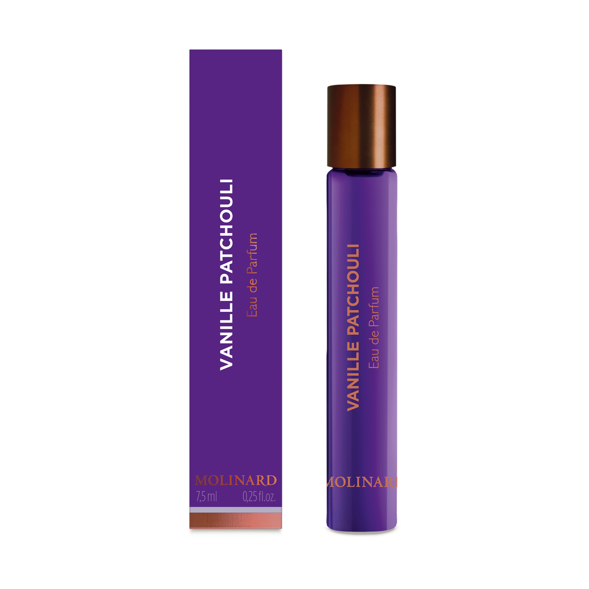 A tall, slender purple Molinard Vanille Patchouli Eau de Parfum Roll-On stands by a matching box with copper accents and text. The bottle has a copper cap, holds 7.5 ml (0.25 fl oz), and exudes the brand’s signature oriental elegance.
