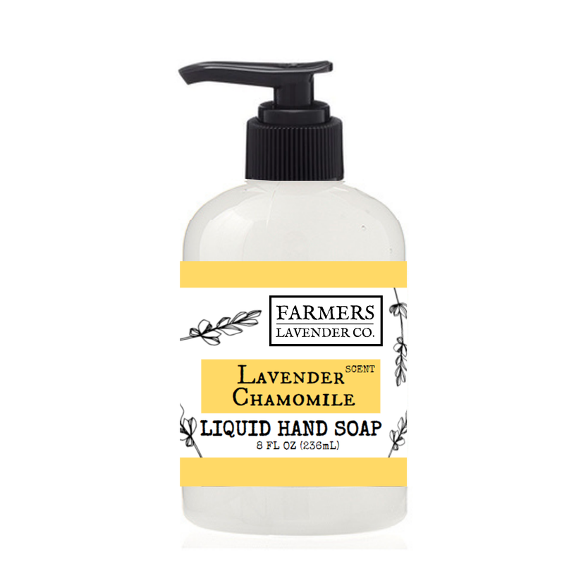 A clear pump bottle of FARMERS Lavender Co. Lavender Chamomile Liquid Hand Soap, 8 fl oz, features yellow accents and botanical designs, providing a moisturizing and aromatherapeutic hand wash experience.