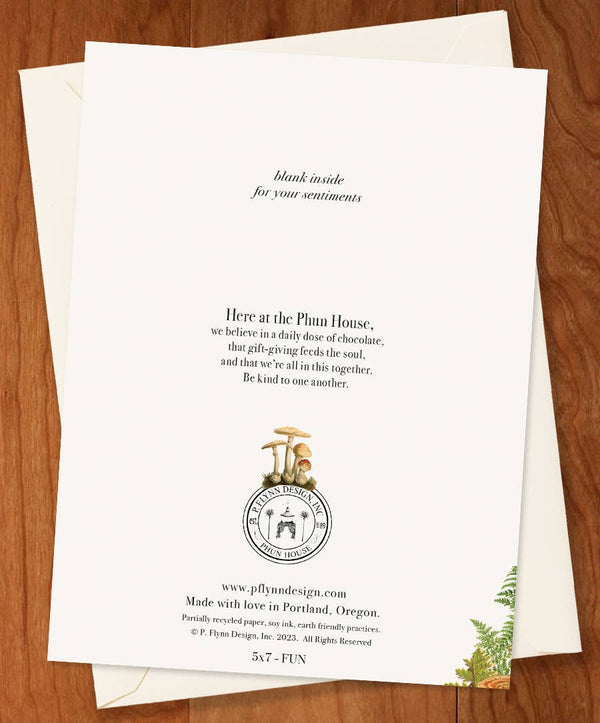 The "Happy Birthday to a fungi!" card from P. Flynn Design / Phun House features whimsical mushrooms, a seal, and foliage on recycled paper with a brown envelope—blank inside for your sentiments and perfect for thoughtful, eco-friendly gifting.
