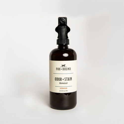 A dark brown spray bottle with a black nozzle, labeled "Fox + Hound - Pet Odor + Stain Remover - Ginger," stands against a plain white background.