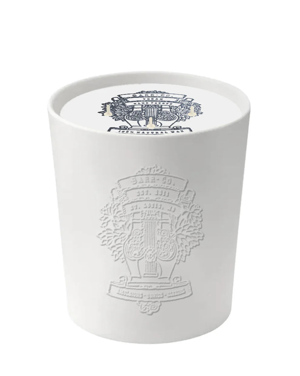 The Barr-Co. Original Scent Ceramic Embossed Candle features a matte holder with an embossed crest, a matching printed crest on the wax, and offers a long-lasting fragrance.