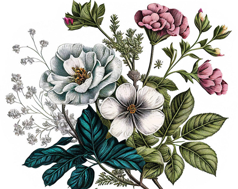 An elegant botanical illustration of pink, white, and blue flowers with green leaves on a white background evokes the freshness of FRENCH GIRL Sambac Organic Vegan Jasmine Natural Aromatherapy Perfume.