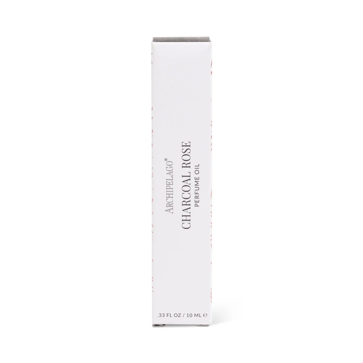 A white rectangular box labeled "Archipelago Charcoal Rose Perfume Oil" by Archipelago Botanicals stands upright against a plain white background, highlighting this long-lasting, convenient rollerball fragrance.