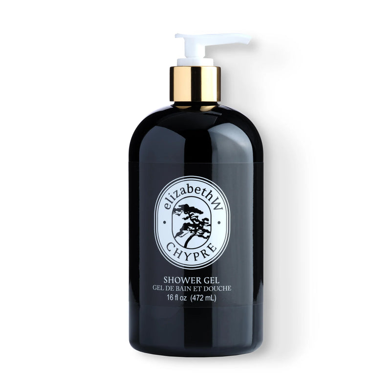 A black bottle of elizabeth W Atelier Chypre Bath & Shower Gel - 16 oz with a white label and a gold pump, isolated on a white background. The label features a vintage image and text.