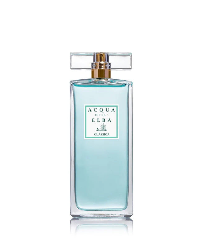 The Acqua dell'Elba Classic Donna Eau de Parfum 50ml features a clear rectangular bottle topped with a silver cap. The label, adorned with the brand name and a small boat illustration, captures the spirit of the Mediterranean Maquis. Inside, the blue liquid exudes a distinctly feminine fragrance.