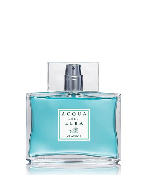 A clear glass bottle of Acqua dell'Elba Classica Uomo Eau de Parfum 50ml is filled with a light blue liquid that captures the essence of a Mediterranean fragrance. This rectangular bottle boasts a square cap and has a front label presenting the Acqua dell'Elba brand name and logo. The white background accentuates its elegance.