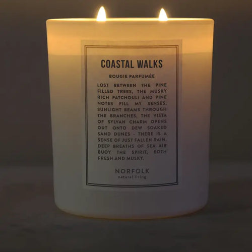 The Norfolk Natural Living Coastal Candle - 8oz combines sea salt, pine, and musky patchouli in natural wax to evoke a serene seaside with its warm glow.