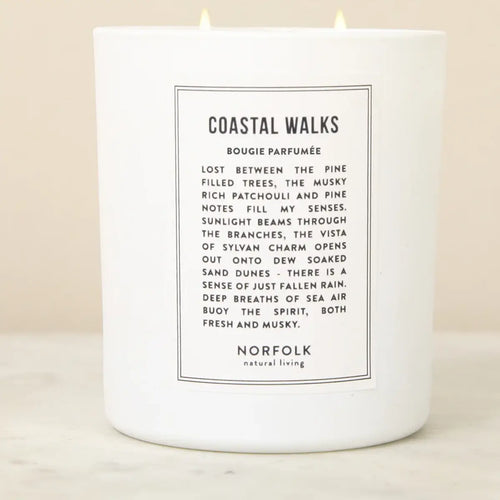 The Norfolk Natural Living Coastal Candle - 8oz features notes of pine, patchouli, sea salt, and rain, capturing the coastal essence. Made with natural wax, it fills your space with tranquility reminiscent of sandy dunes and forest charm.
