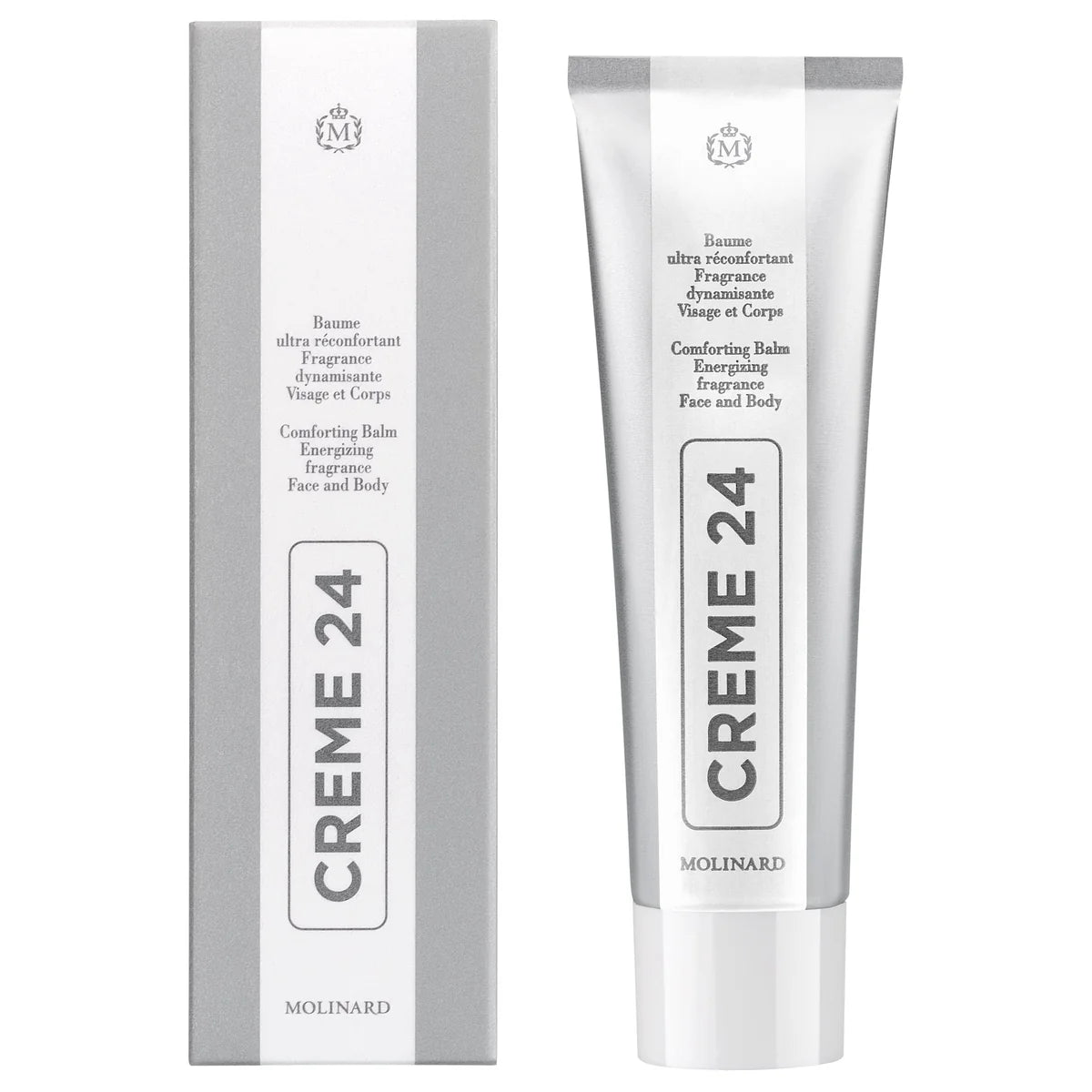 A tube and box of Molinard Creme 24 by Molinard, a soothing face and body balm. Both are white and silver with black text showing the product name vertically and additional details in English and French.