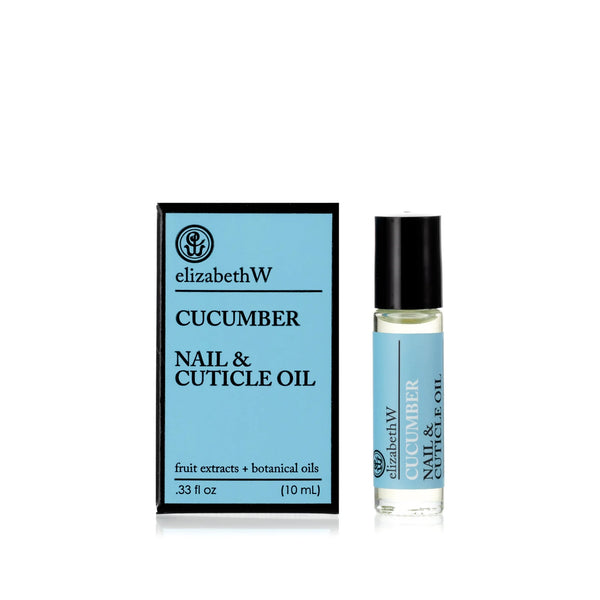 A product image featuring a blue box and a small glass roller bottle. The box is labeled "elizabeth W" and "elizabeth W Botanical Apothecary Cucumber Nail & Cuticle Oil" with additional text, "fruit extracts + nourishing botanical oils, .33 fl oz (10 ml)". The roller bottle has the same label from elizabeth W.