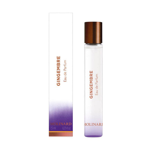 A Molinard Gingembre Eau de Parfum Roll-On stands beside its matching white and purple box; the copper cap tops the clear bottle, and the brand name "Molinard" appears at the bottom.