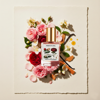 A bottle of FRENCH GIRL Damascena Rose Organic Vegan Natural Aromatherapy Perfume with a gold cap rests among pink and red roses, white blossoms, vanilla beans, cinnamon sticks, and drops of oil on textured off-white paper.