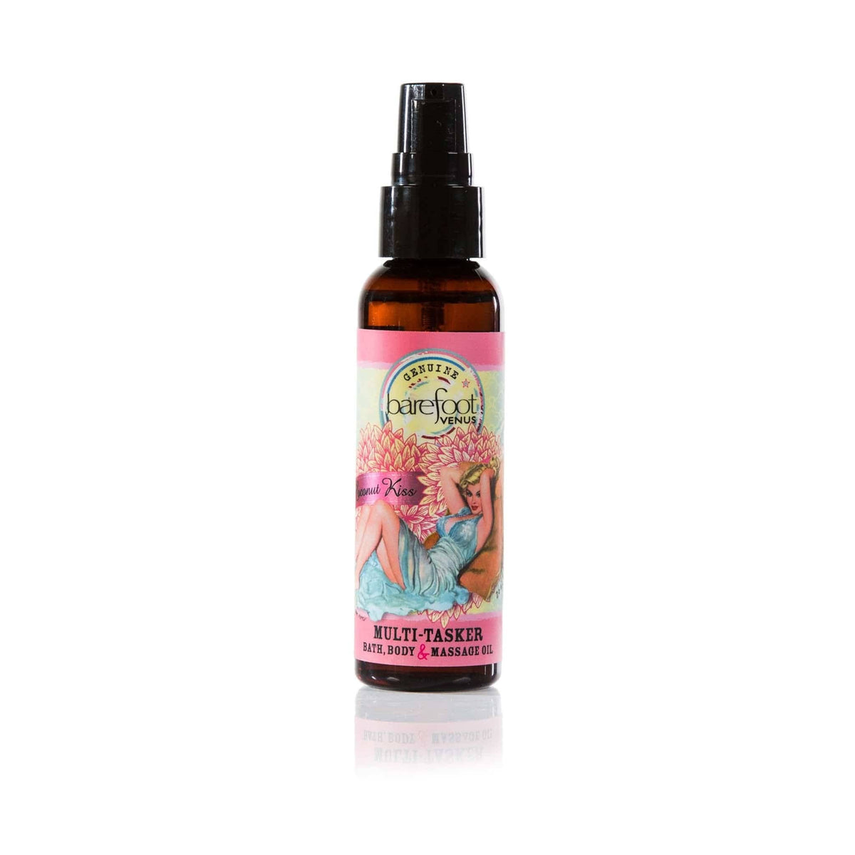 A bottle labeled "Barefoot Venus" contains Barefoot Venus Coconut Kiss Multi-Tasker Body+Bath+Massage Oil - Mini made from plant-based ingredients. The label features an illustration of a woman in a blue dress surrounded by pink flowers with the text "Lily Pilly" and "Peach Kiss." The bottle has a black pump top.