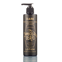 A black pump bottle of The Immaculate Beard DARK Body Lotion, a handmade 7.5 oz (222 ml) moisturizer with notes of tobacco blossom, caramel, honey, and rose—an essential for natural beard care by The Immaculate Beard.