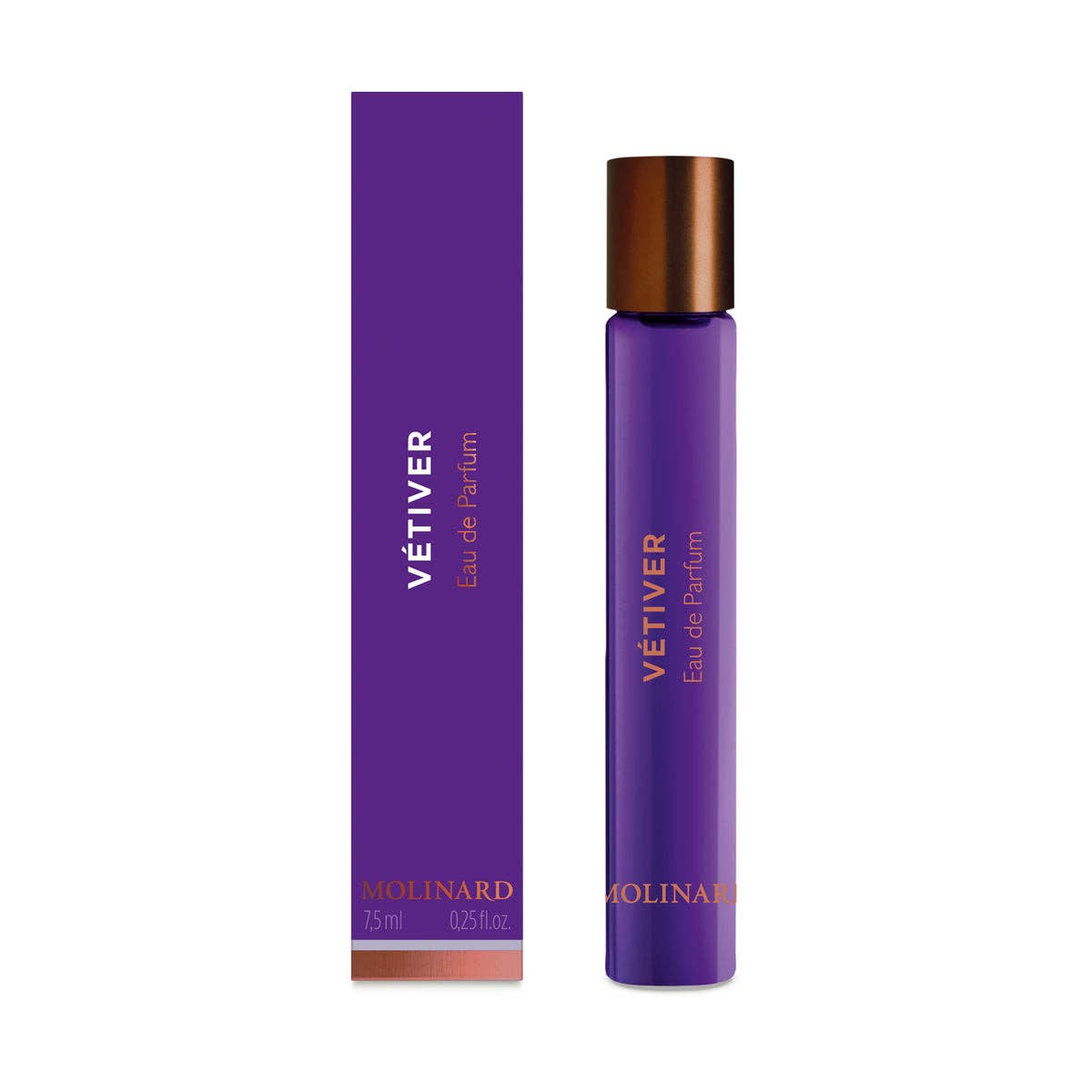 A purple rectangular box and matching roll-on bottle labeled “Molinard Vetiver Eau de Parfum Roll-On,” featuring copper accents, are displayed side by side on a white background to showcase this refined woody fragrance by Molinard.