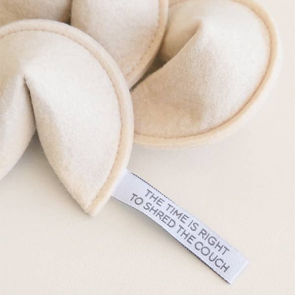 The MODERNBEAST Kitty Fortune Cookie Organic Catnip Cat Toy features a felt cookie and a fortune slip reading "THE TIME IS RIGHT TO SHRED THE COUCH," filled with organic catnip for extra feline fun, shown on a light background.