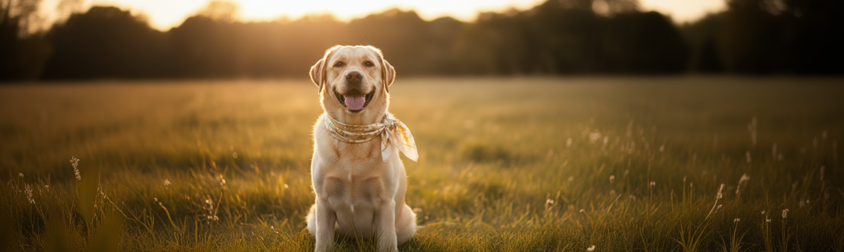 Dog sitting in a field with a sunset in the background