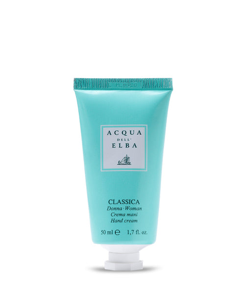A 50 ml turquoise tube of Acqua dell'Elba Classica Donna Hand Cream for women, featuring a white cap and label with brand details.