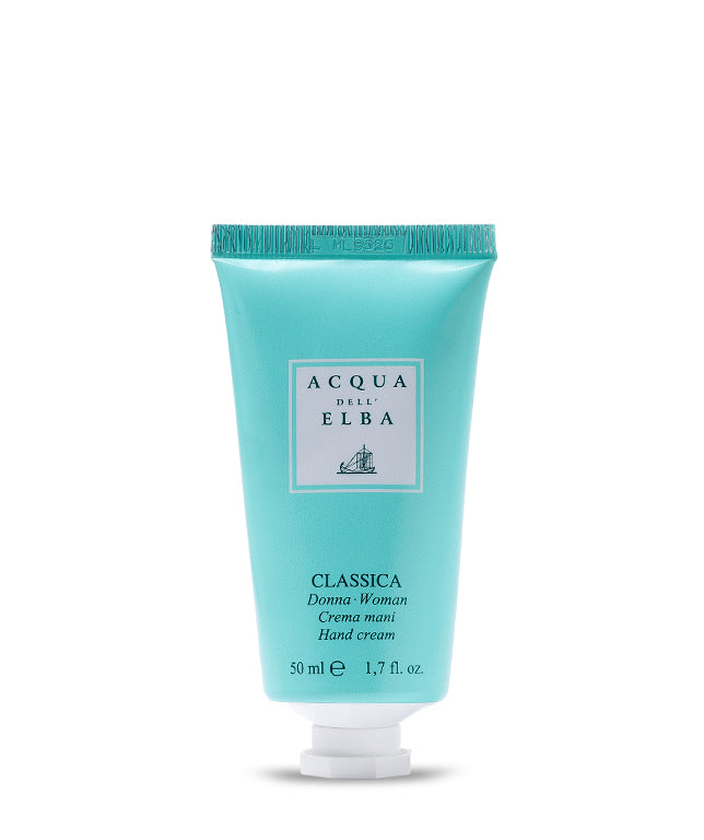 A 50 ml turquoise tube of Acqua dell'Elba Classica Donna Hand Cream for women, featuring a white cap and label with brand details.
