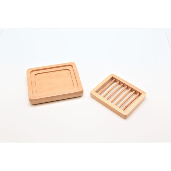 The French Soaps Double Layer Wooden Soap Dish by French Soaps features a removable slatted tray and matching base to help prolong soap life, shown on a plain white background.