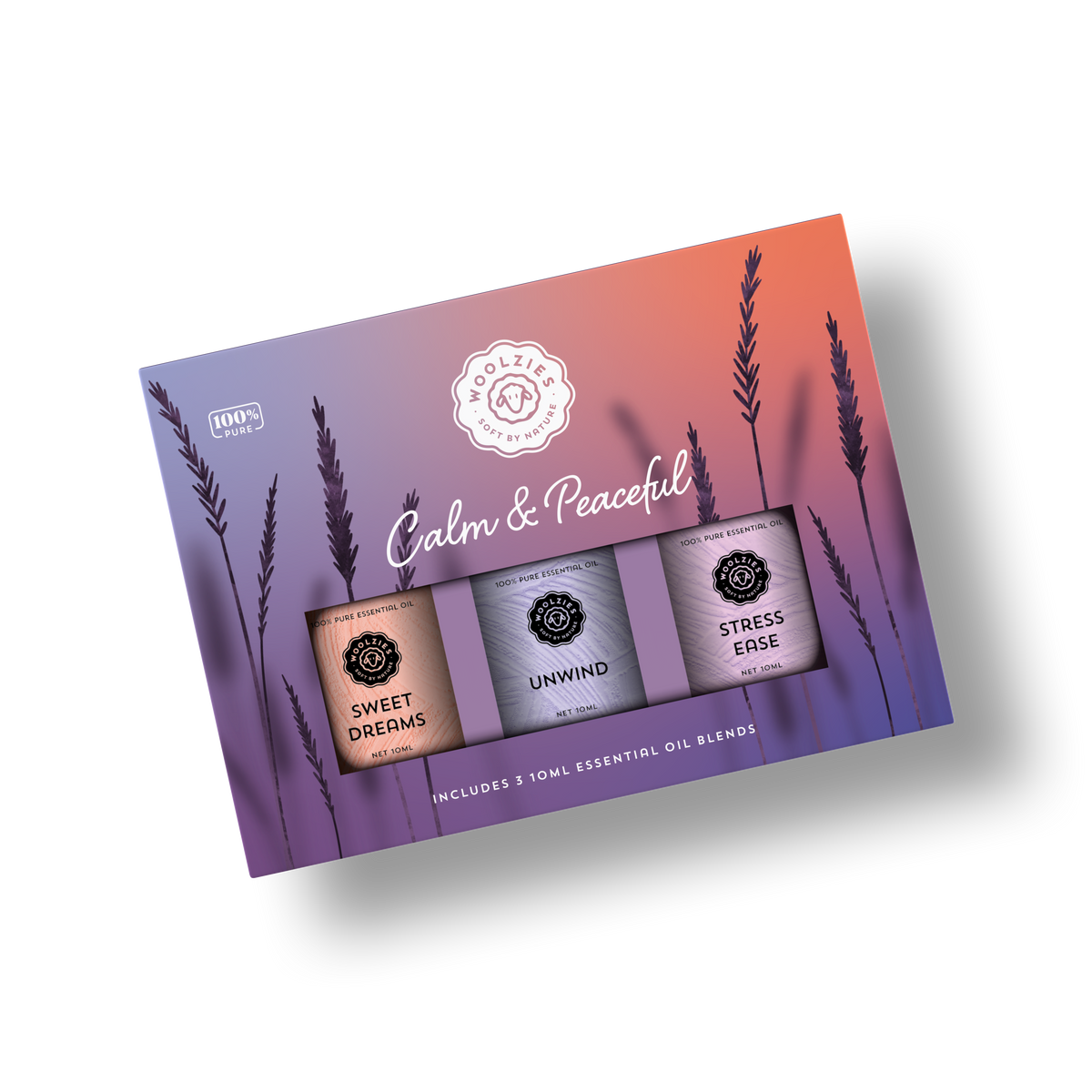 The Woolzies Calm & Peaceful Collection is a boxed set of three blends—Sweet Dreams, Unwind, and Stress Erase—with a purple-orange gradient and lavender art. Perfect for calm and restful sleep. Text: "Calm & Peaceful." Brand: Woolzies.