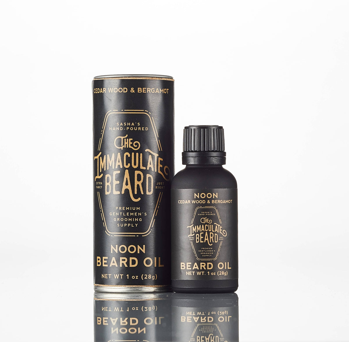A 1 oz bottle of The Immaculate Beard NOON Cologne Oil and its cylindrical packaging, both with gold and white text on black. Infused with cedar wood, bergamot, and essential oils—ideal for grooming enthusiasts.