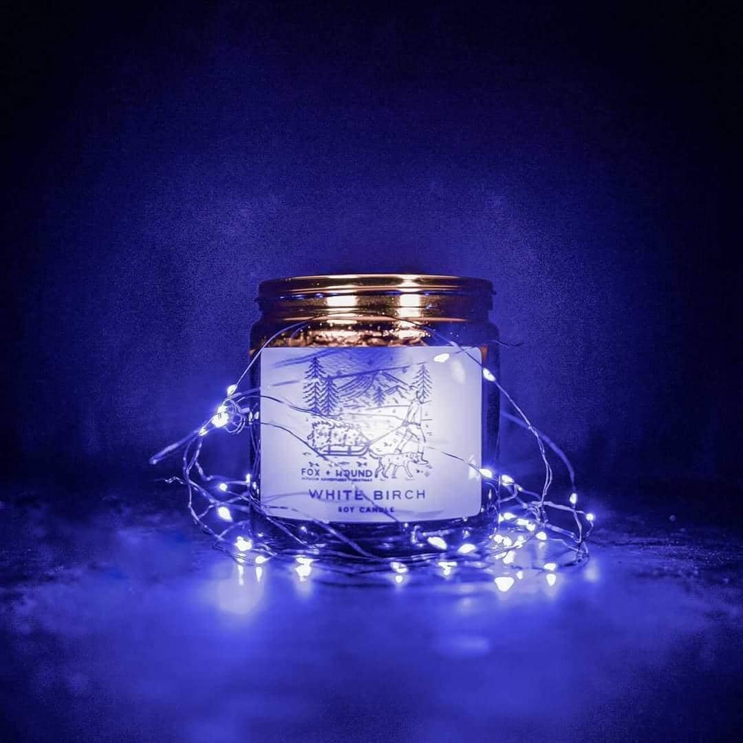 A lit Fox + Hound Odor Eliminator Soy Candle – White Birch scent in a glass jar glows among string lights, filling the air with a fresh aroma against a dark blue background.