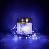 A lit Fox + Hound Odor Eliminator Soy Candle – White Birch scent in a glass jar glows among string lights, filling the air with a fresh aroma against a dark blue background.